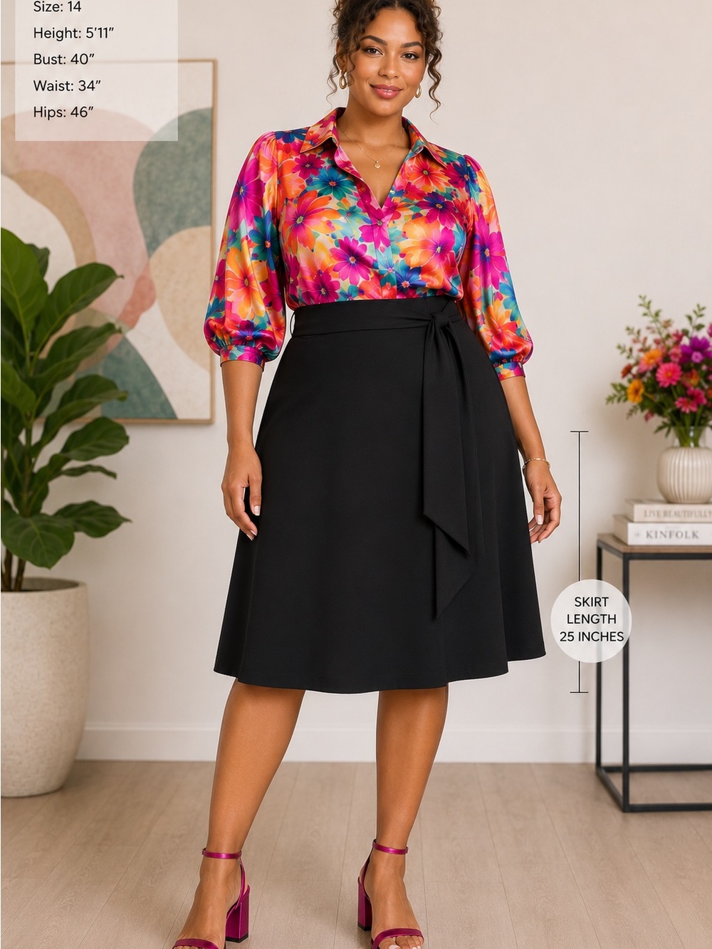 Worthington Black Midi A-Line Wrap Skirt with Side Tie